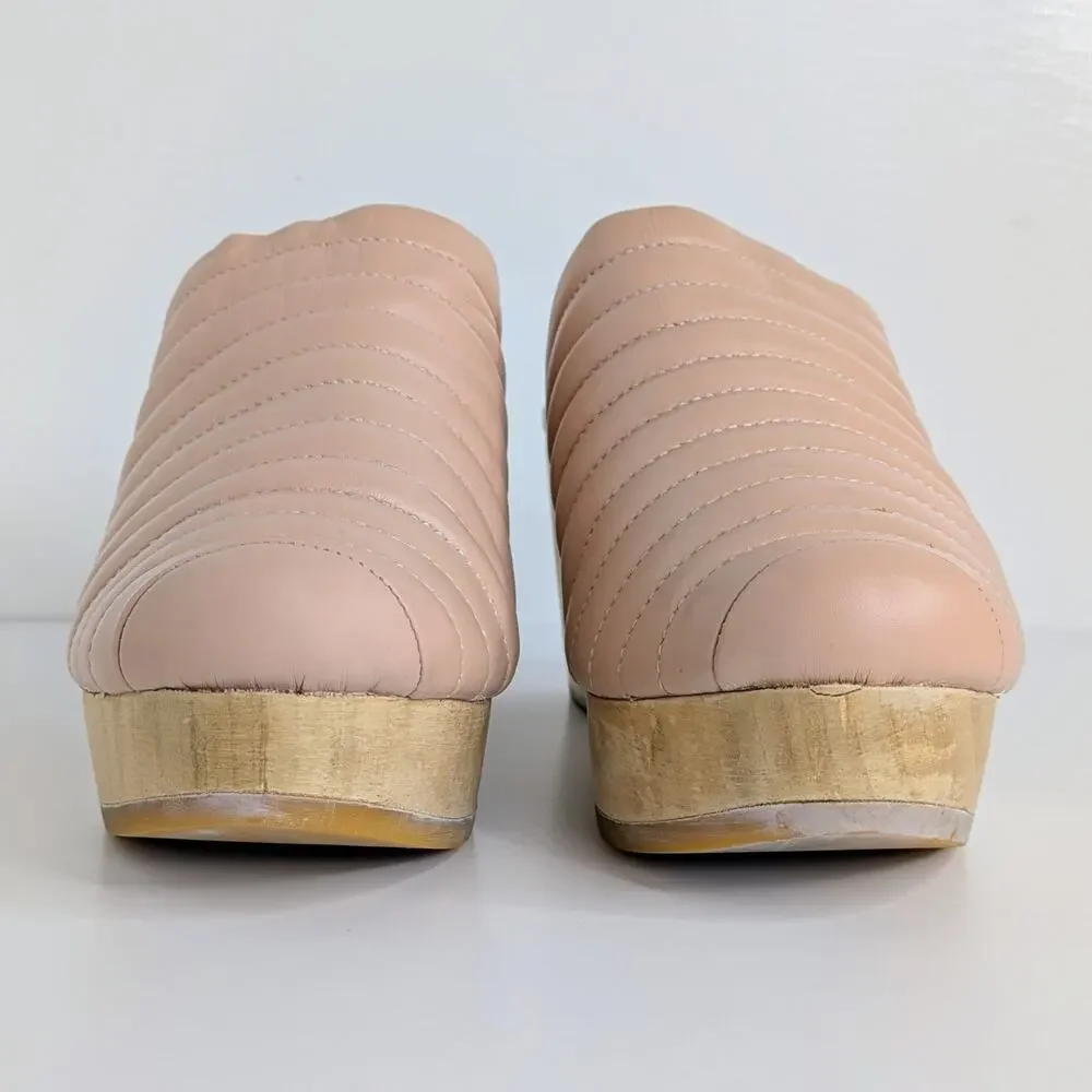 Beklina Ribbed Clogs 8.5 Buff Pink Tan Leather Platform Wood Clog Slip On US - Picture 4 of 16
